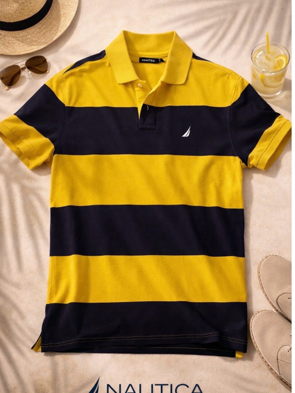 Nautica Men’s Yellow and Navy Wide-Stripe Polo